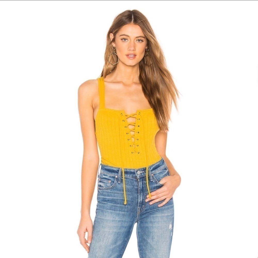 Privacy Please Lace Up Ribbed Bodysuit Large Yellow Green Casual Revolve Party